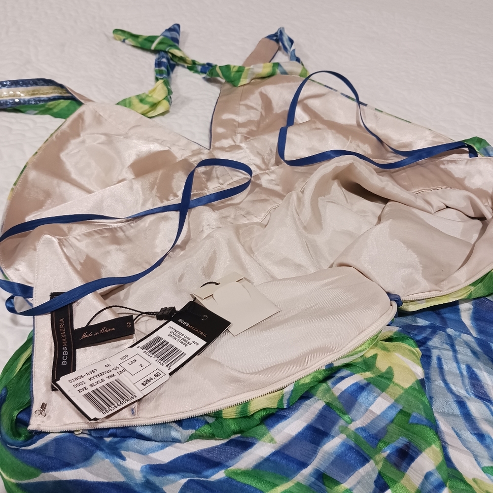 BCBGMaxAzria Silk Halter Maxi Dress Gown Palm Print Sequin - Picture 9 of 13